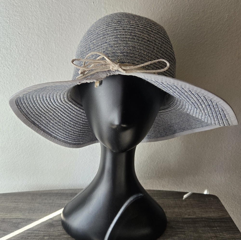 Elegant Blue Gray Woven Sun Hat With Leather Tie Accent, Wide Brim